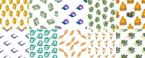 Colorful pattern designs featuring various items vector