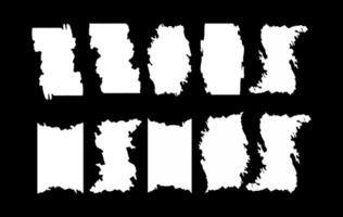 A collection of 10 grungy, torn-edge paper frame silhouettes in high contrast black and white. These irregular, ink style borders are perfect for digital scrapbooking, retro posters, photo overlays. vector