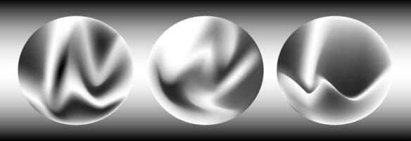Set of three abstract monochrome spheres with dynamic metallic waves, smooth gradients, and elegant curves. Each design highlights a modern black and white look with fluid, glossy textures . vector