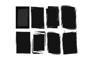 Set of eight black grunge rectangular frames with rough, distressed brush textures, featuring a mix of straight and rounded edges. Perfect for modern posters, edgy social media graphics. vector