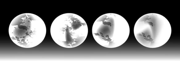 A set of digital globes featuring futuristic planetary designs with shadow mapped continents, smooth gradients, and fragmented terrain, for use in sci fi artwork, tech themed visuals, virtual world. vector