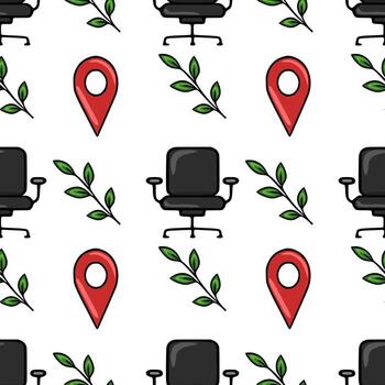 Seamless pattern featuring office chairs, location markers, and stylized green leaves, creating a modern and minimalist design ideal for office-themed projects. vector