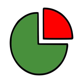 A illustration of a simple pie chart divided into two segments a larger green section and a smaller red section both outlined in bold black vector
