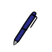 A illustration of a dark blue ballpoint pen, depicted in a simple, hand-drawn style with a slightly angled perspective, showcasing its metallic grey tip and clip. vector