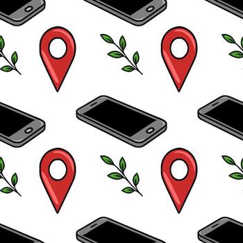 Seamless pattern featuring isometric smartphones, red location pins, and green leaves, creating a modern and minimalist design ideal for mobile app backgrounds or tech-related projects. vector