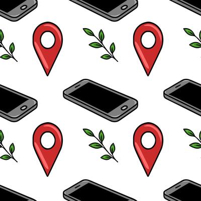 Seamless pattern featuring isometric smartphones, red location pins, and green leaves, creating a modern and minimalist design ideal for mobile app backgrounds or tech-related projects.