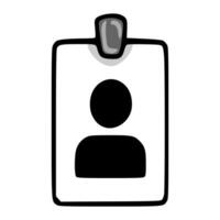 Simple illustration of a monochrome ID card with a minimalistic person icon, featuring a hand-drawn style and a dark grey clip. vector