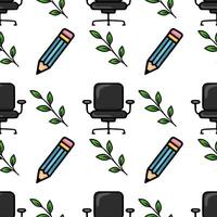 Seamless pattern featuring office chairs, pencils, and green leaves, creating a playful and productive office workspace design. vector
