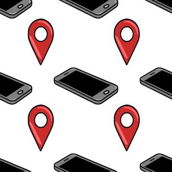 Seamless pattern of isometric smartphones and red location pins, illustrating modern technology and GPS navigation concept. vector