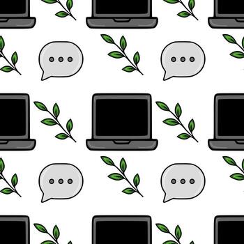 Seamless pattern featuring laptops, speech bubbles, and green leaves, creating a modern and minimalist office design. vector