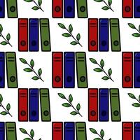 Seamless pattern of colorful office folders and green leaves, a playful design for stationery or educational materials. vector