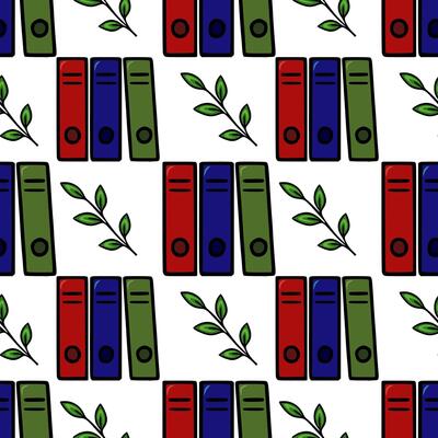 Seamless pattern of colorful office folders and green leaves, a playful design for stationery or educational materials.