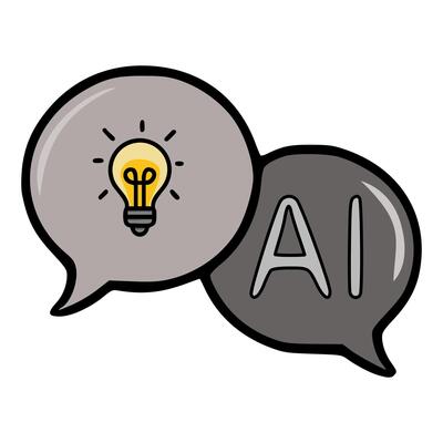 illustration of two speech bubbles, one with a light bulb symbolizing an idea and the other with the letters AI representing artificial intelligence, suggesting a concept of AI-driven inno...
