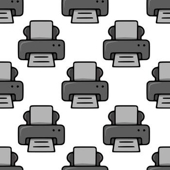 Seamless pattern of stylized grey printers, ideal for office-themed designs, featuring a playful cartoonish style and repeating print motif. vector