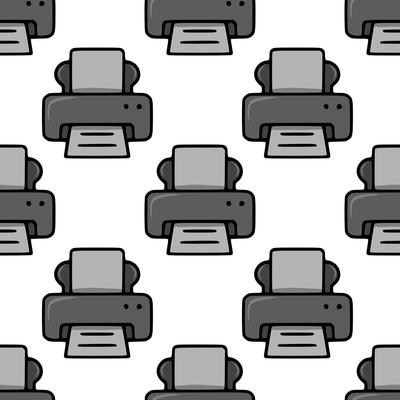 Seamless pattern of stylized grey printers, ideal for office-themed designs, featuring a playful cartoonish style and repeating print motif.