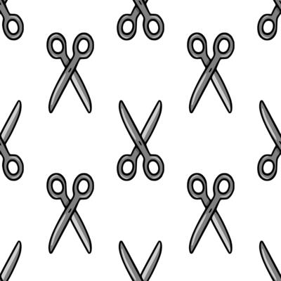 Seamless pattern of stylized silver scissors on a white background, perfect for crafting, hairdressing, or office-themed designs.
