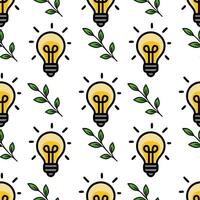 Seamless pattern of light bulbs and green leaves, symbolizing ecofriendly ideas and sustainable innovation, perfect for eco-themed designs. vector