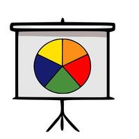 Hand-drawn illustration of a projector screen displaying a vibrant five-segment pie chart with bold colors, perfect for presentations or infographic designs. vector