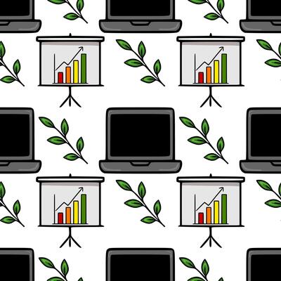 Seamless pattern of laptops, flip charts with growth graphs, and green leaves, illustrating a modern office concept with nature elements.