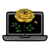 illustration of a vibrant yellow ranunculus flower blooming on a laptop screen, symbolizing the fusion of nature and technology. vector