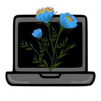 illustration of a laptop screen displaying a stylized bouquet of blue and yellow flowers, a unique design for digital backgrounds or prints. vector