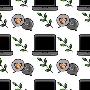 Seamless pattern featuring laptops, handshake symbols, AI lettering, and green leaves, illustrating a concept of AI partnership and collaboration in a modern tech environment. vector