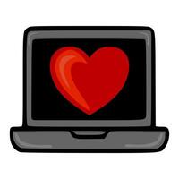 A playful illustration of a laptop displaying a large, stylized red heart, suggesting online love or digital affection. vector