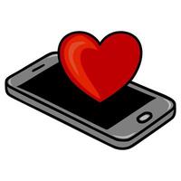 illustration of a smartphone with a red heart hovering above it, symbolizing online love, connection, or social media engagement. vector