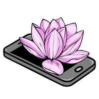 A illustration of a pink lotus flower delicately placed on a modern smartphone, symbolizing the serene blend of nature and technology. vector