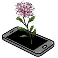 illustration of a pink chrysanthemum flower seemingly emerging from a smartphone screen, showcasing a unique blend of nature and technology. vector