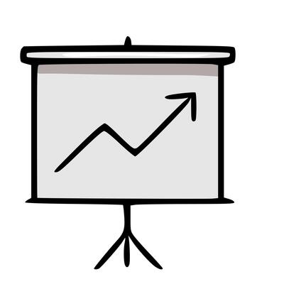Hand-drawn illustration of a projector screen displaying an upward trending line graph, symbolizing growth and progress in business presentations.