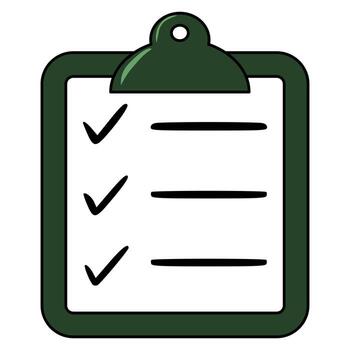 A illustration of a dark green clipboard with a checklist, featuring bold black lines and checkmarks, offering a simple yet effective design for task management or organizational concepts. vector