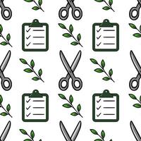 Seamless pattern with handdrawn illustrations of scissors, checklists, and green leaves, ideal for crafting, gardening, or office-themed designs. vector
