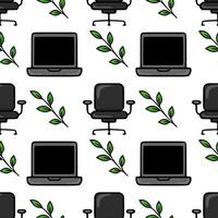 Seamless pattern of office chairs, laptops, and green leaves, a minimalist design ideal for office-themed backgrounds or stationery. vector