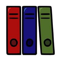 illustration of three colorful office binders with a minimalist hand-drawn style, featuring red, blue, and green binders with distinct circular details. vector