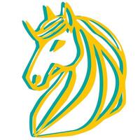 Abstract illustration of a stylized unicorn head in teal and gold, featuring bold lines and a minimalist design, perfect for logo, branding, or decorative purposes. vector