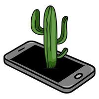 A unique illustration of a vibrant green cactus seemingly emerging from a modern smartphone screen, showcasing a playful contrast between nature and technology. vector