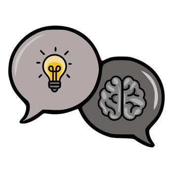 illustration of two interconnected speech bubbles, one featuring a glowing lightbulb symbolizing idea generation and the other depicting a brain representing intellect, showcasing a concept... vector