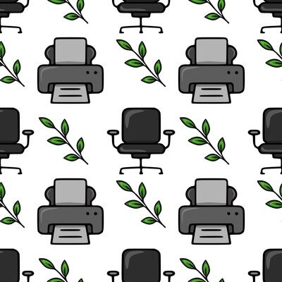 Seamless pattern of office chairs, printers, and green leaves, creating a stylish and modern office design.