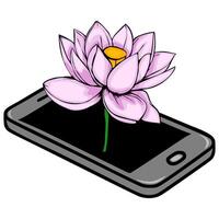 illustration of a delicate pink lotus flower seemingly emerging from a modern smartphone screen, symbolizing the digital integration of nature and technology. vector