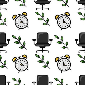 sin costura modelo de oficina sillas, alarma relojes, y verde hojas, creando un alegre y productivo espacio de trabajo onda. vector