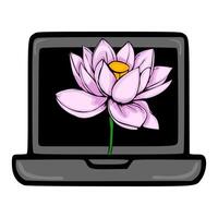 illustration of a pink lotus flower displayed on a laptop screen, symbolizing the serene blend of nature and technology. vector