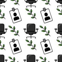 Seamless pattern featuring office chairs, employee ID cards, and green leaves, creating a modern and minimalist office design. vector