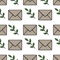 Seamless pattern featuring handdrawn taupe envelopes and stylized green sprigs, creating a minimalist and elegant design ideal for stationery or website backgrounds. vector