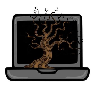 illustration of a stylized dead tree growing inside a laptop screen, symbolizing the concept of digital decay or the obsolescence of technology.