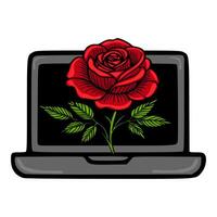 A illustration of a vibrant red rose elegantly displayed on a dark grey laptop screen, symbolizing the fusion of nature and technology. vector