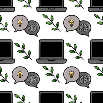 Seamless pattern featuring laptops, brain and lightbulb speech bubbles, and green leaves, representing creative ideas and technology. vector