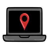 A playful illustration of a laptop screen displaying a prominent red location pin, suggesting online navigation or geolocation services. vector