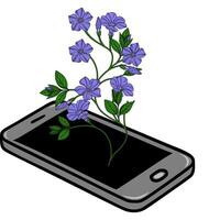 A illustration of a smartphone with a delicate sprig of periwinkle flowers emerging from its screen, symbolizing the fusion of nature and technology. vector