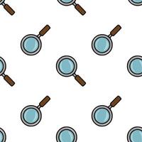 Seamless pattern of hand-drawn magnifying glasses with wooden handles, featuring a light teal lens and a repeating design on a white background. vector